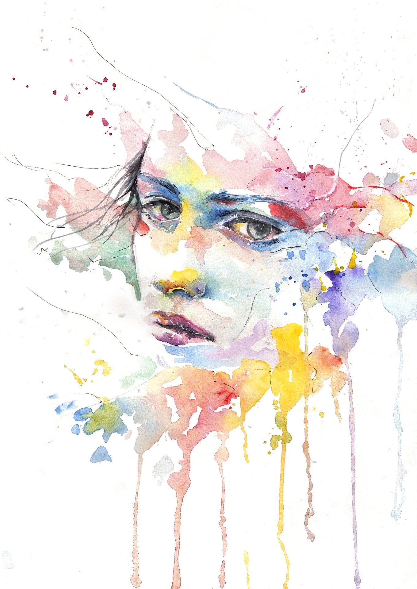 a woman's face with a sad expression, painted in watercolors that are dripping down the canvae