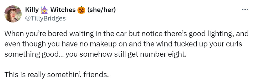 A social media post I made that reads: When you’re bored waiting in the car but notice there’s good lighting, and even though you have no makeup on and the wind fucked up your curls something good… you somehow still get number eight. This is really somethin’, friends.