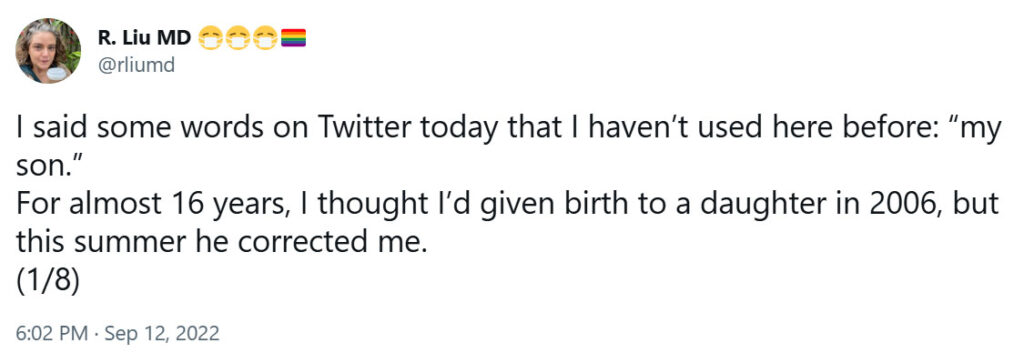 @rlimund on twitter wrote: I said some words on Twitter today that I haven't used here before: "my son." for almost 16 years, I thought I'd given birth to a daughter in 2006, but this summer he corrected me. (1/8)