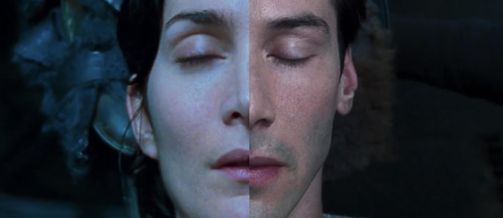 A still from a Matrix Resurrections trailer that shows half of Neo's face and half of Trinity's face, joined/split in the middle