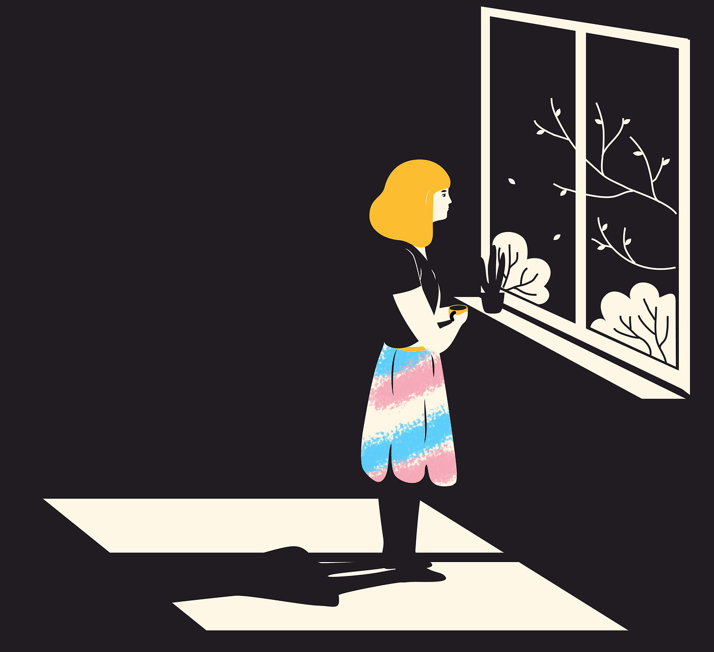 A mostly black and white image of a woman standing alone in front of a window in an otherwise black room, the light from the window casting her shadow on the floor. Her hair, belt, and the cup she holds are golden, and her skirt has trans pride flag color stripes on it. Original art by lrasonja on pixabay.