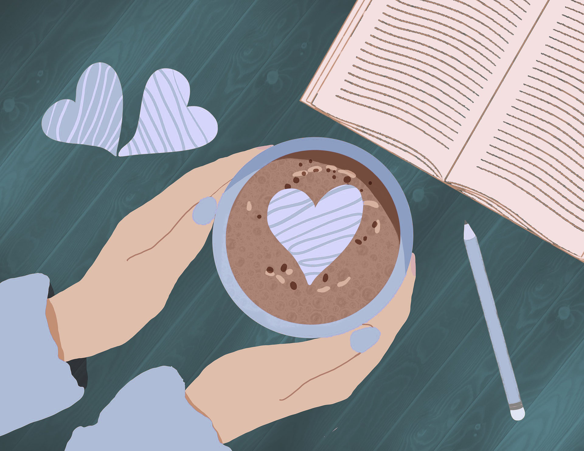 Two hands, with blue nails extending from blue sleeves, hold a blue cup of cocoa with a blue heart in the middle over a turquoise colored wooden tabletop. There is a blue pencil, book, and two hearts on the table. By regencygirl123 on Pixabay.