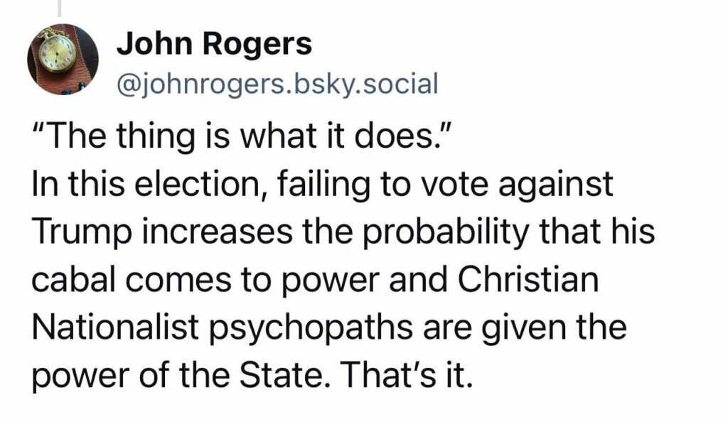 “The thing is what it does.” In this election, failing to vote against Trump increases the probability that his cabal comes to power and Christian Nationalist psychopaths are given the power of the State. That’s it.