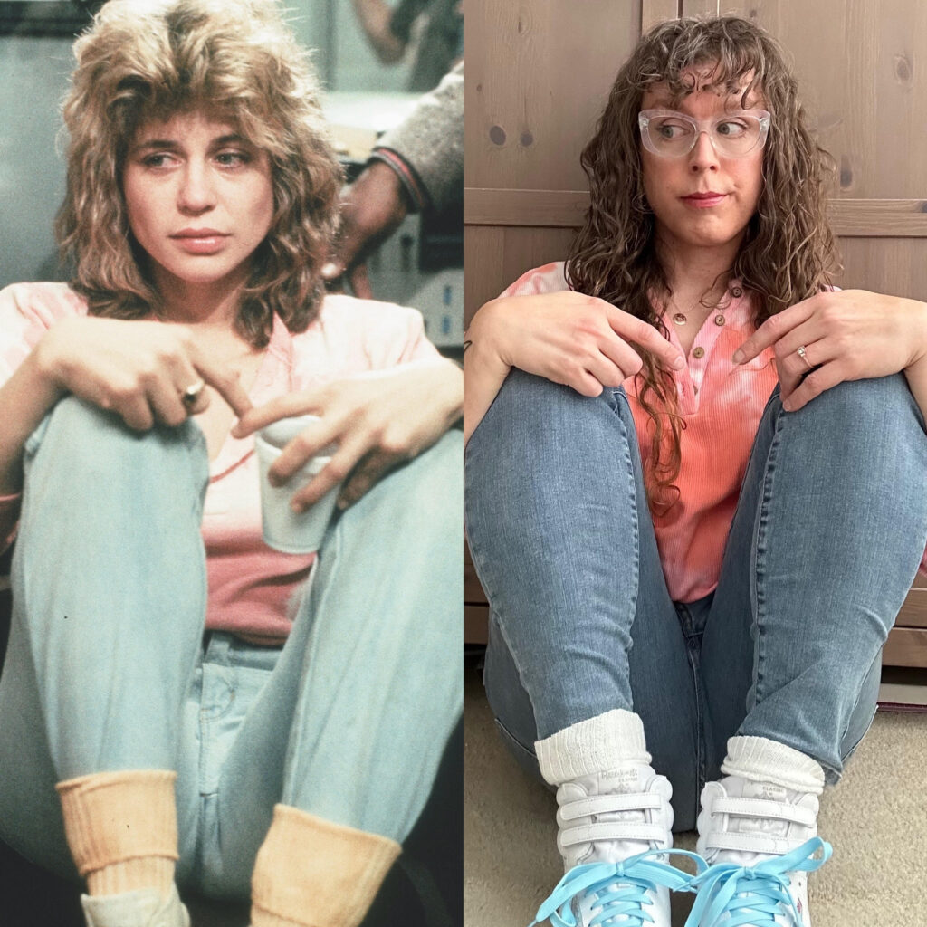 Me in my Sarah Connor costume next to a screenshot of her from The Terminator, in the same pose with knees pulled up to chest, hands on knees, looking to the left with concern