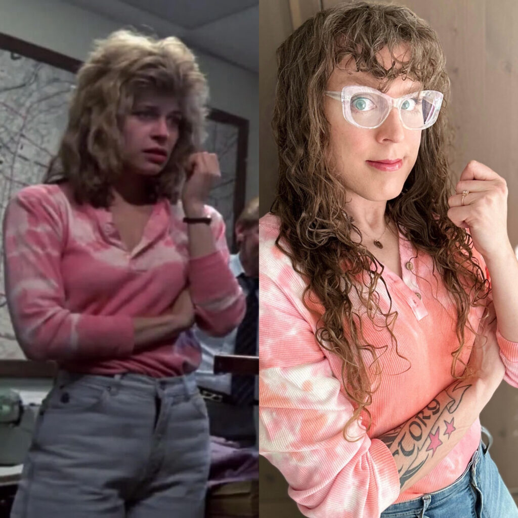 Me in my Sarah Connor costume next to a screenshot of her from The Terminator, in the same pose, with right arm across the chest to hold the left arm, with the left hand up by the face