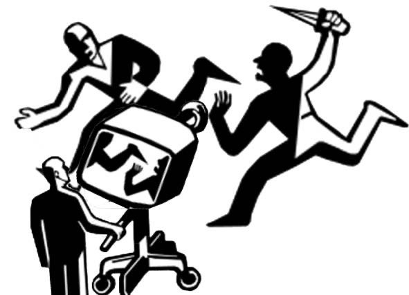 A black and white image of someone at a video camera, and the video camera’s screen shows a person on the left trying to stab a person on the right. But what’s in front of the camera is the person on the left running away from the person on the right, who is actually trying to stab the person on the left. The framing of the camera distorts what is seen.