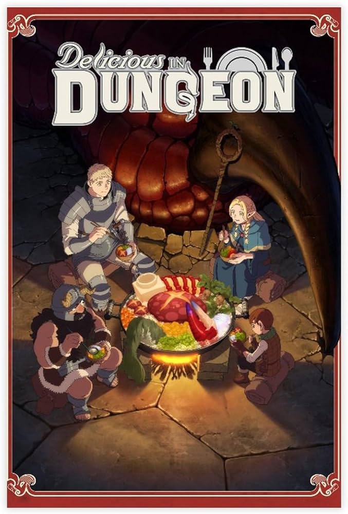 Delicious in Dungeon promo poster, showing art in the style of the animated show of all the characters sitting around a huge bowl of food in a dungeon.