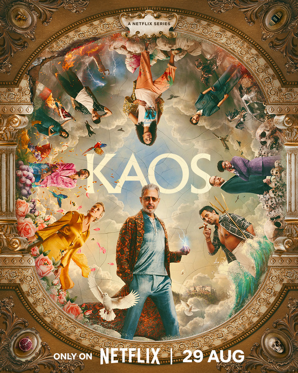 Kaos promotional poster, showing the cast as the Greek gods they portray, done as art painted on an ornate ceiling.