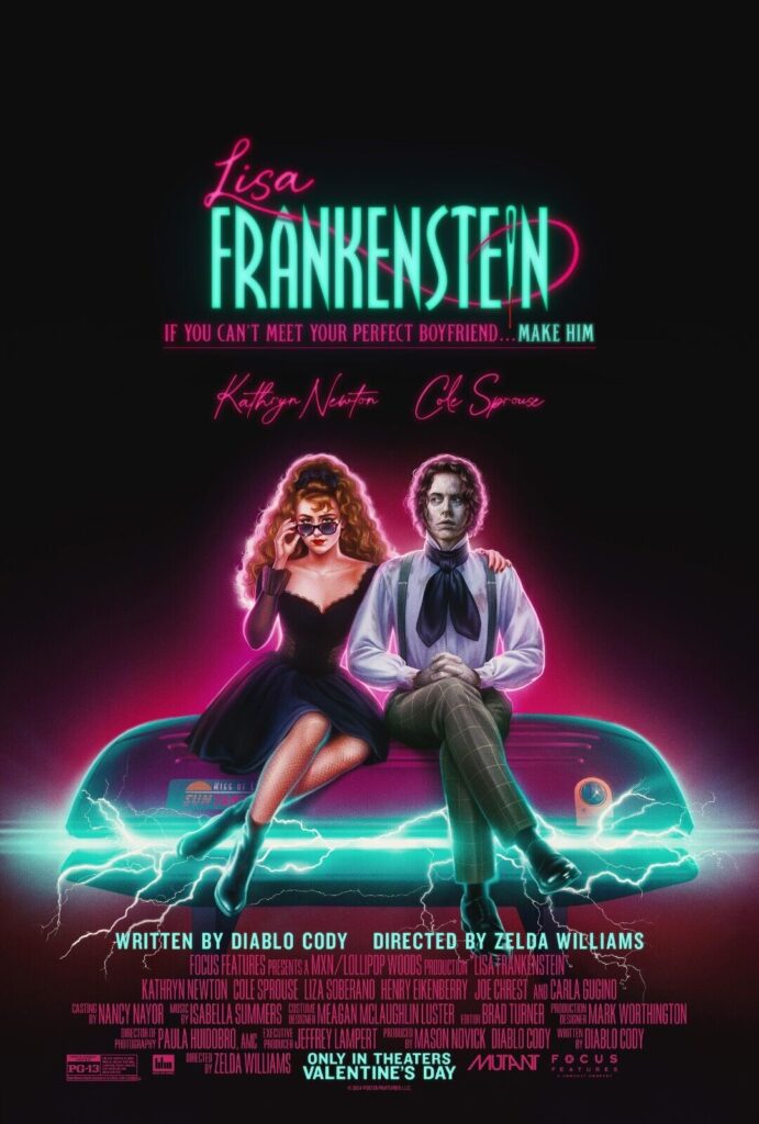 Lisa Frankenstein promo poster, showing Lisa in an 80s getup, sitting with her Frankenstein monster, on top of a tanning bed.